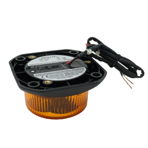 Amber warning flashing beacon light with black housing and wiring on a white background