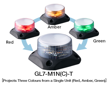 Three colored lights (Red, Amber, Green) on a white background with labels and product code.