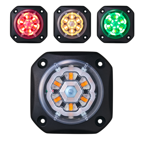 Set of four LED beacon light in red, yellow, and green on a white background.