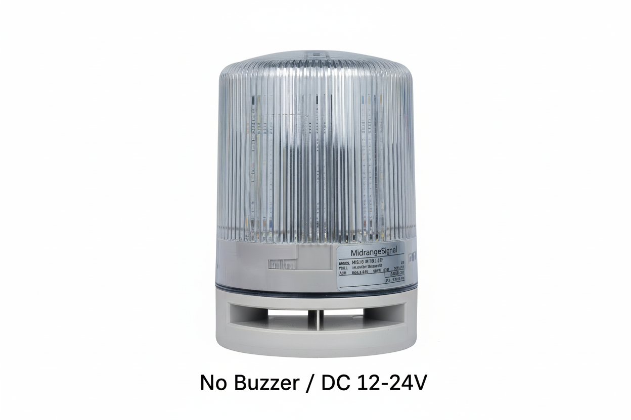 Industrial multi color beacon light fixture with 'No Buzzer / DC 12-24V' text on a white background